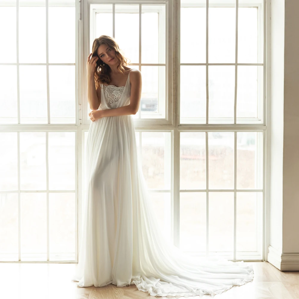 

Sexy Spaghetti Straps Strapless Wedding Dresses Sleeveless Applique Pleat Lace Floor-Length A-Line Open Back with Zipper Summer