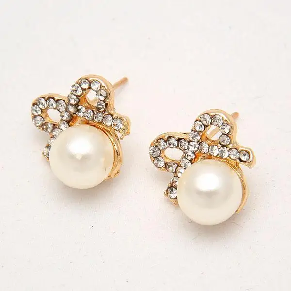 Fashion Woman Lady Elegant White Pearl Bowtie Bowknot Rhinestone Stunning Studs Earrings For Wedding Party | Украшения и