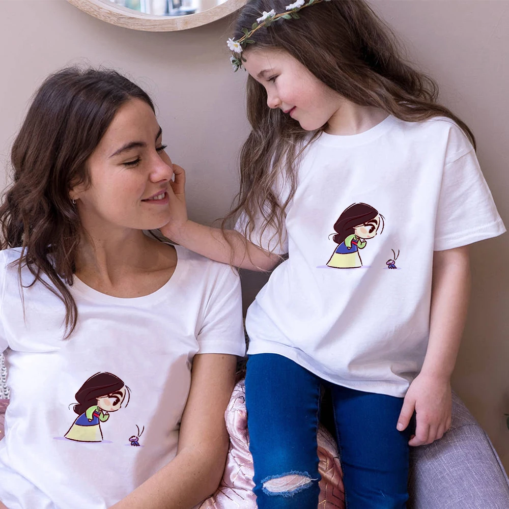 Mommy and Daughter Tshirt Mulan and Cricket T Shirt Women Short Sleeve Funny Female Children T-Shirt Family Look Outfits