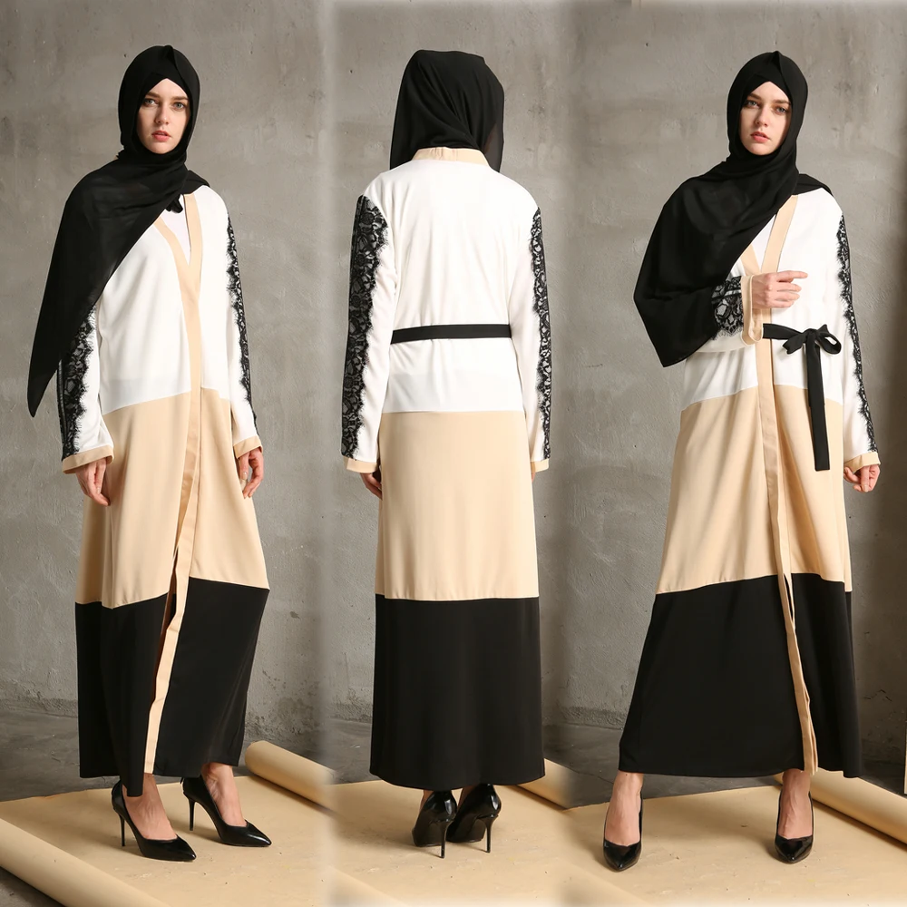 

Лоскутное мусульманское открытое кимоно Абая для женщин элегантный кружевной длинный рукав Арабский джилбаб Кафтан Макси исламский халат ...