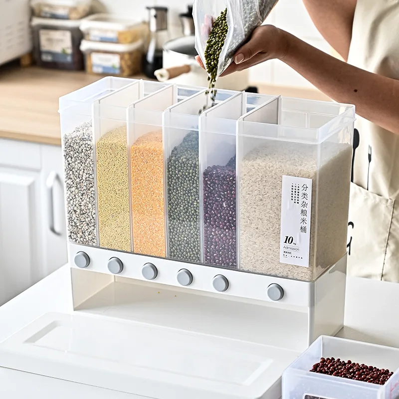 

10L Wall Mounted Separate Rice Bucket Cereal Dispenser Moisture Proof Plastic Automatic Racks Sealed Metering Food Storage Box