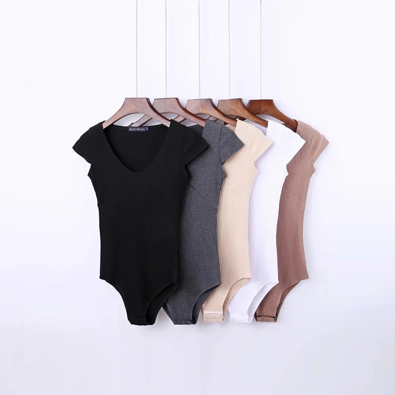 

Women Sexy Sleeveless Solid Color Knit Bodysuits Female Chic V Neck Soft Blouse Brand Office Wear Playsuits Tops