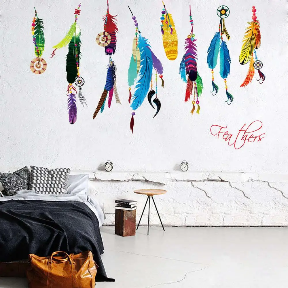Креативная красочная наклейка на стену с перьями для спальни столовой гостиной
