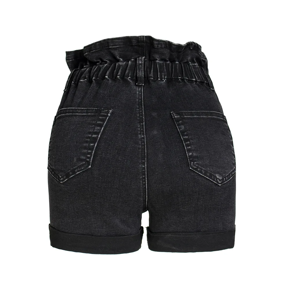 

Pure black Wide Leg elastic loose hem high waist women's Denim Shorts