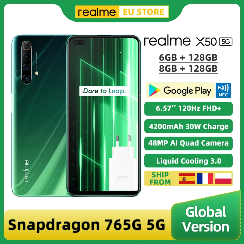 Перейти на Алиэкспресс и купить Глобальная версия Realme X50 5G смартфон 6 ГБ 128 Snapdragon 76 5G 6,57 ''120 Гц Дисплей 48MP Quad камеры заднего 30 Вт 4200 ма-ч