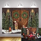 Рождественский фон для фотосъемки Снег Рождественские елки зимний портрет фото фон носки винтажный деревянный дверной венок