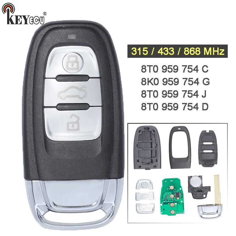 KEYECU-Reemplazo de 3 + 1 4 botones para Audi A4L Q5, 315/ 433/ 868MHz, p/n: 8T0, 959, 754, C / J / D/8K0, 959, 754 G