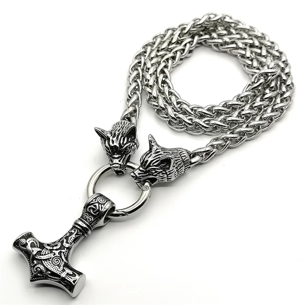 Viking Odin Warrior Raven Pendant Necklace Stainless Steel Wolf Head Chain Domineering Men Jewelry