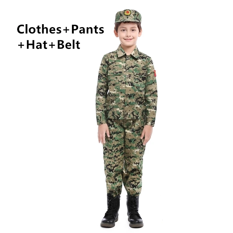 Color3 set Детская военная форма, одежда для скаутинга в армейском стиле, камуфляжная детская одежда для костюмированной вечеринки+ штаны+ шляпа+ пояс, комплект для мальчиков и девочек, праздничные костюмы - Цвет: Color3 set