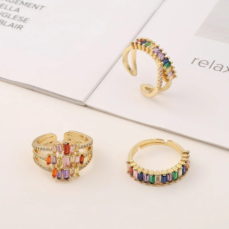 

Creative Summer Colorful Rainbow Zircon Wide Rings for Women INS Fashion Girls Crystal Rings Wholesale Jewelry Bijoux Love Gifts