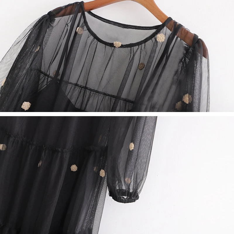 

Sexy Mesh Women Party dress 2019 Newest Lantern sleeve Fashion polka dot tulle Long dress Loose Round neck Vestidos INKEO 9D005