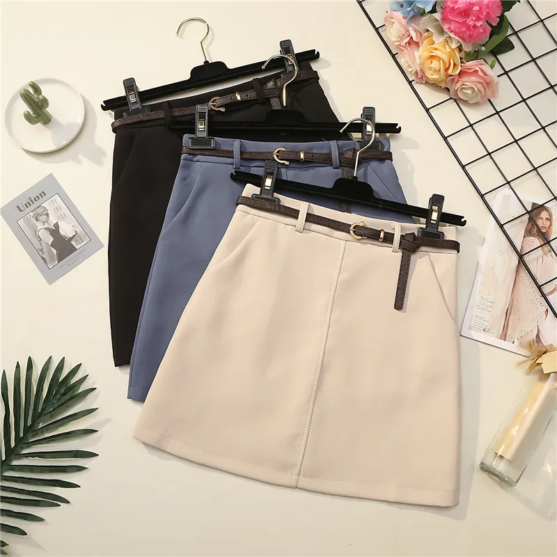 Solid High Waist Zipper Pocket Skirt Women 2021 Winter Sprng Elegant Office Ladies A-line Skirts Preppy Style Skirts with Belt