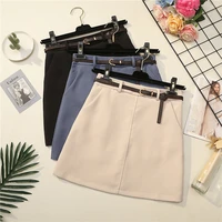 solid high waist zipper pocket skirt women 2021 winter sprng elegant office ladies a line skirts preppy style skirts with belt