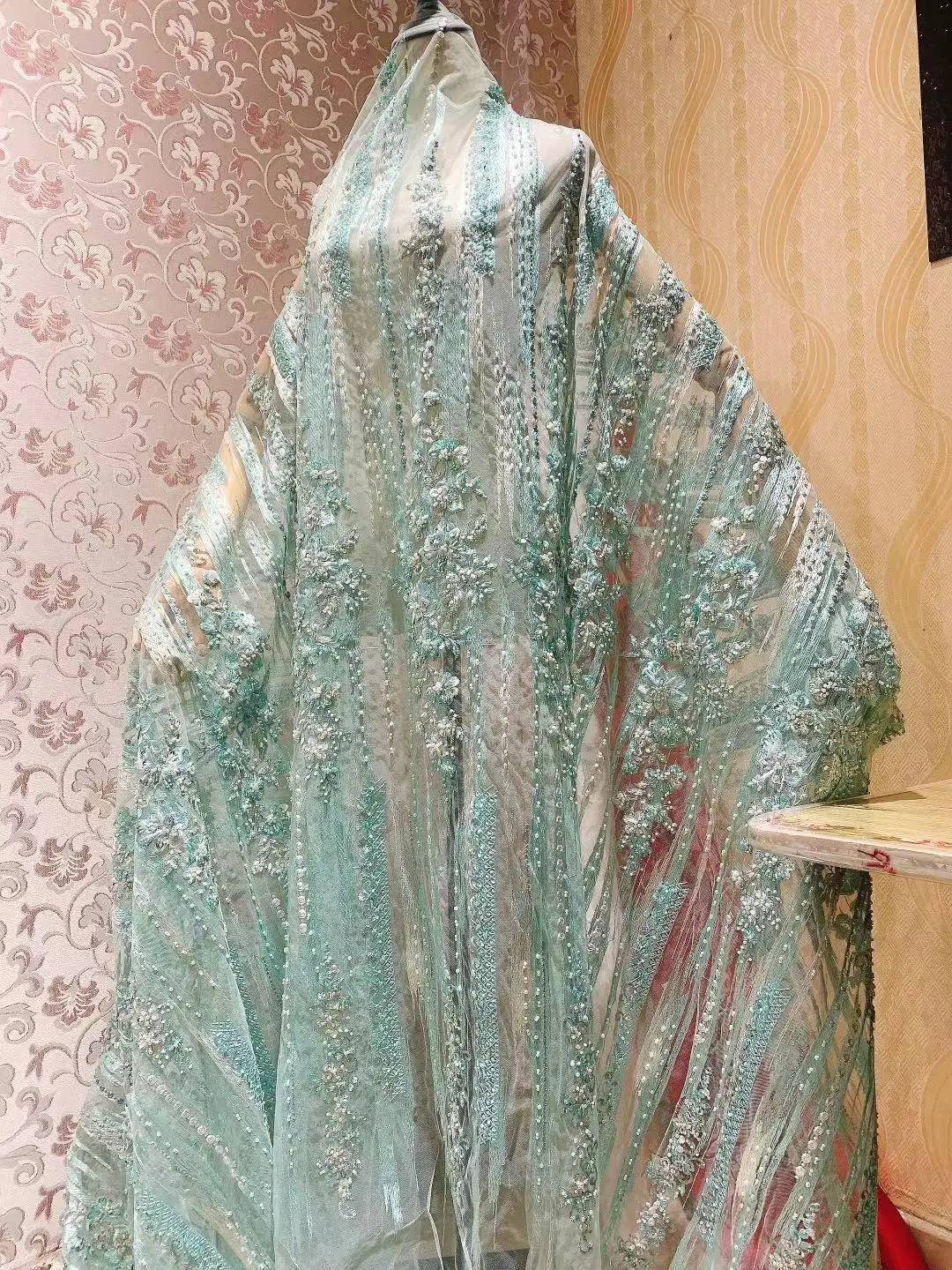 

High Quality Mesh Lace Fabric for diy Tulle 3D Embroidery Flowers Beads Craft For Sewing Clothes Skirt Wedding Dress 5 Yards