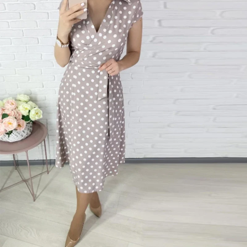 

Bohemia Women Dress Dots Print V-Neck Short Sleeve Bandage Casual A-Line Female Summer Dresses Beach Tide Fashion Streetwear New