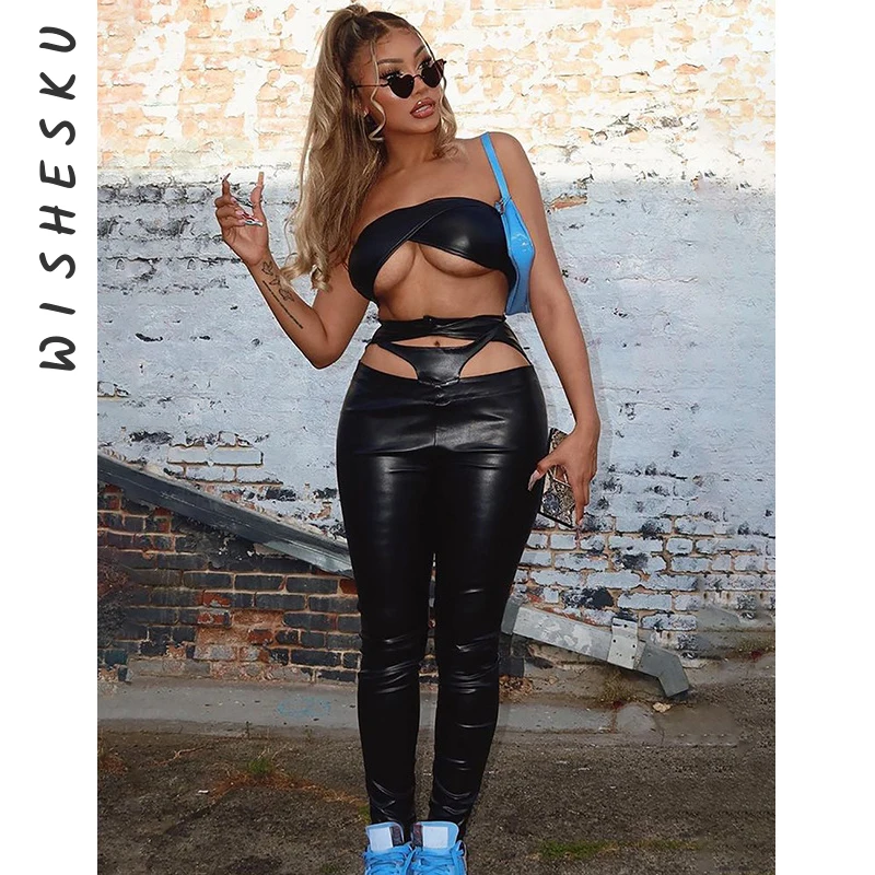 

Women Sexy Low Waist Gothic Hollow Out Bandage Pencil Pants Vintage PU Faux Leather Motobiker Trousers 2021 Autumn Y2K Clothes