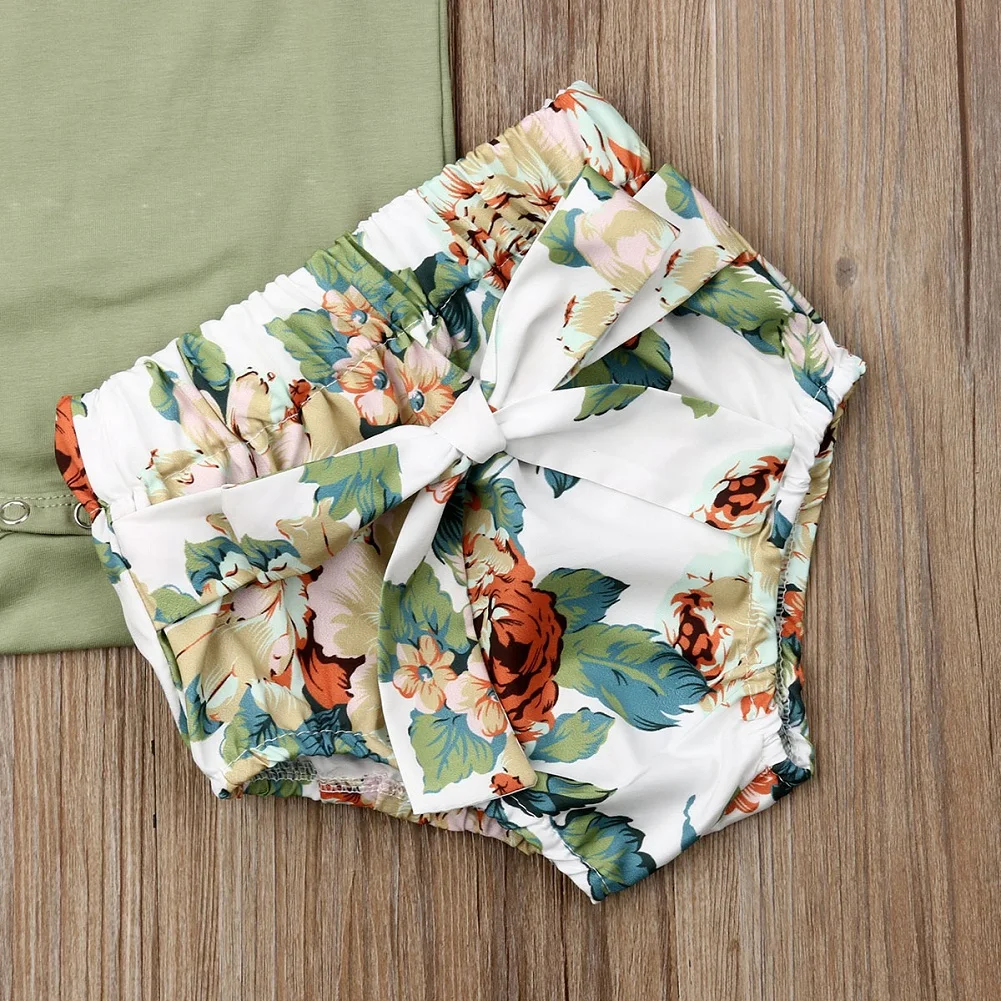 2019 Toddler Newborn Infant Baby Girls Clothes Set Ruffle Sleeveless Bodysuit Green Floral Shorts Headband Clothing Outfit 3PCs |