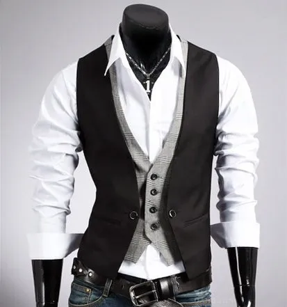 Formal Waistcoat Mens Work Sleeveless Jacket Men Slim Fit Faux Two Pieces Vests For Blazer Vest Male Black Brown |