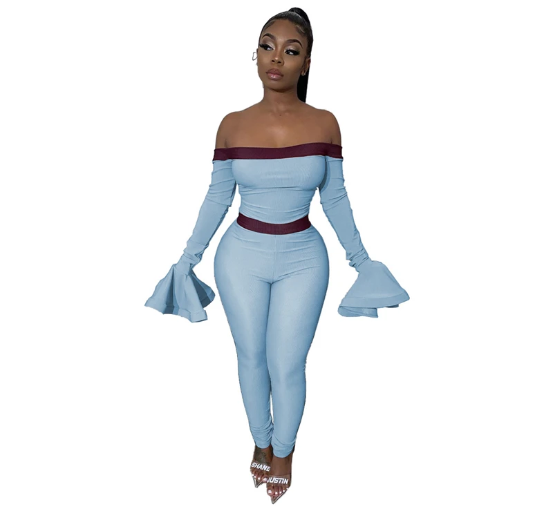 

Adogirl Fashion Sexy Off Shoulder Long Flare Sleeve Jumpsuit Strap Patchwok Slash Neck Skinny Romper Casual Overalls Club Outfit