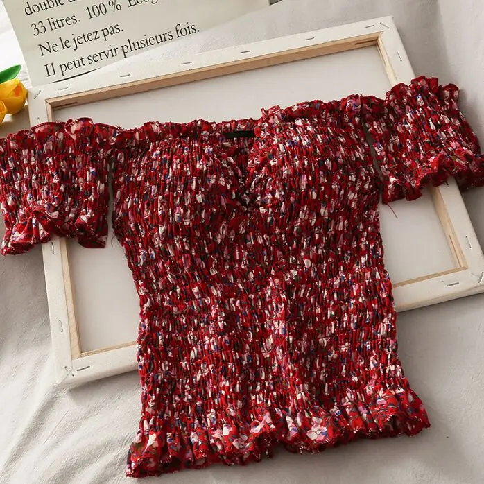 

Блузка женская летняя, эластичная, с цветочным принтом, оборками и вырезом-лодочкой, 6 цветов, для женщин, с подкладкой