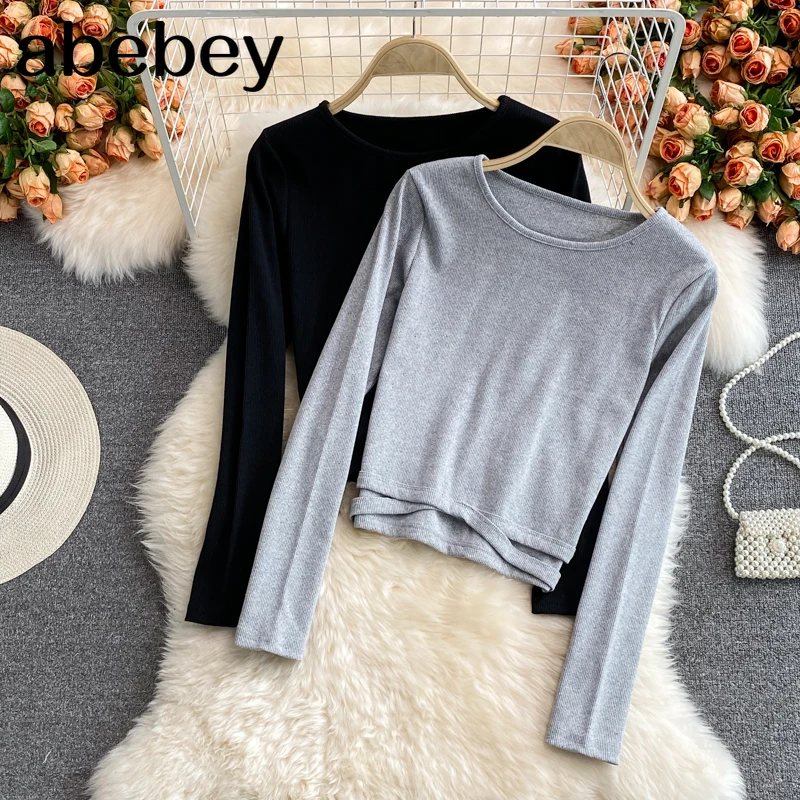 

Женская футболка с длинным рукавом, Однотонная футболка с круглым вырезом, перекрестной завязкой и высокой талией, с открытым пупком, весна-...