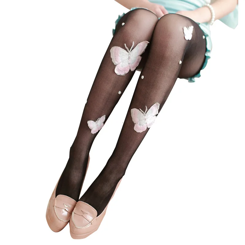 Pantyhose Summer Autumn Women's Thigh High Socks Handmade Embroidery Butterfly Lace Stockings Korean Style Long Socks for Girls