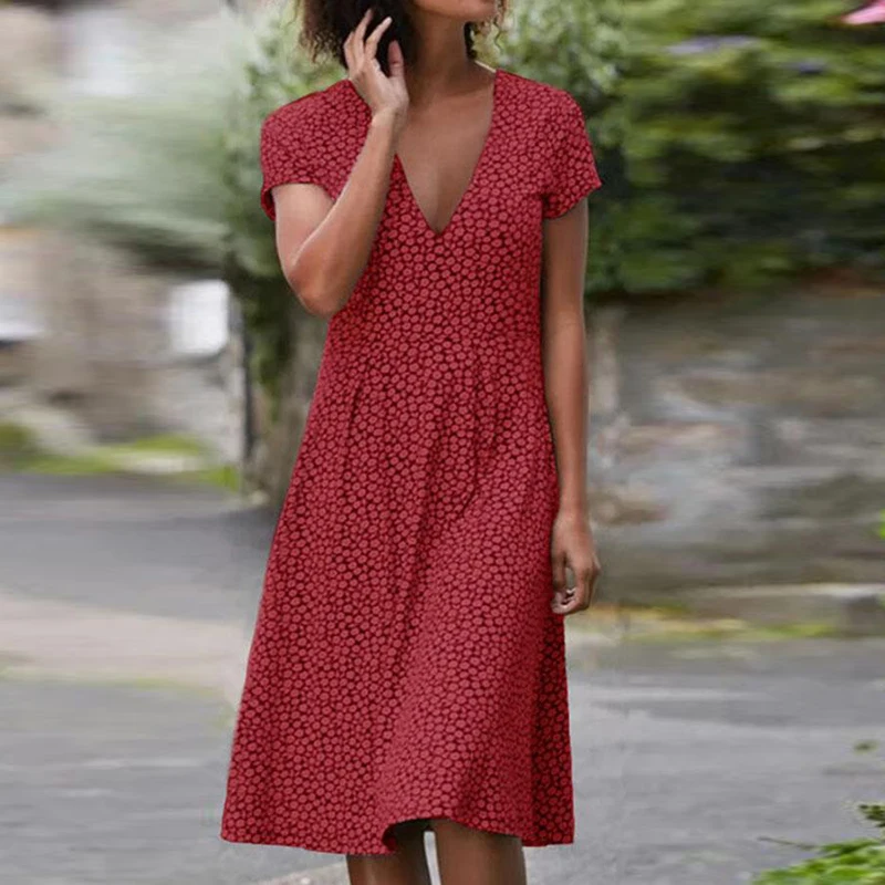 

2021 Summer Floral Print Short Sleeve Dress Women V Neck Casual Elegant Vintage Party Dress Loose Dresses for Women