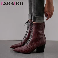 sarairis new high quality shoelaces pointed toe high heels chic winter shoes boots women large size 43 classic ankle boot female