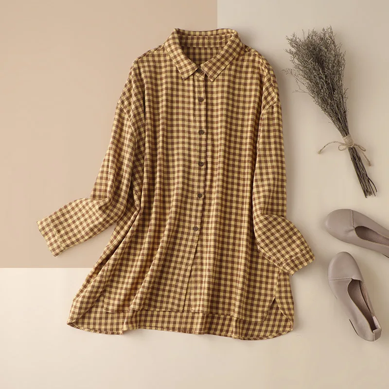 

100% Cotton Plaid Shirt Women's Spring and Autumn Long Top Loose Outdoor Large Size Long-Sleeve Blouse Women Shirts Blouses