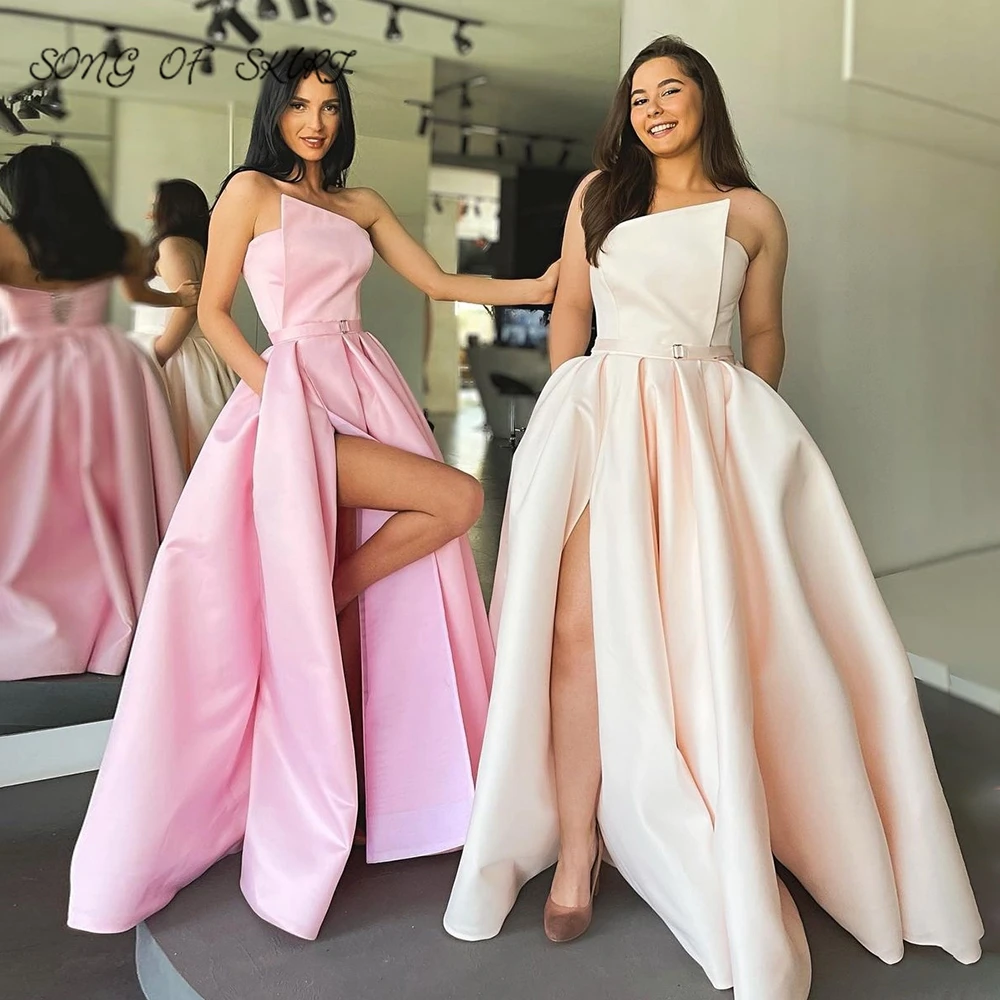 

Элегантные розовые вечерние платья, Длинные атласные вечерние платья с высоким разрезом, платье большого размера с карманами для встречи выпускников 2022, платье для вечеринки