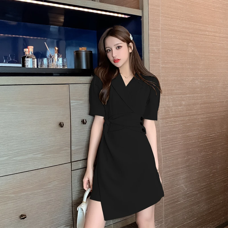 

Women Vintage Sashes A-line Mini Dress Short Sleeve Notched Collar Asymmetric Casual Elegant Dress Summer New Fashion Dresses