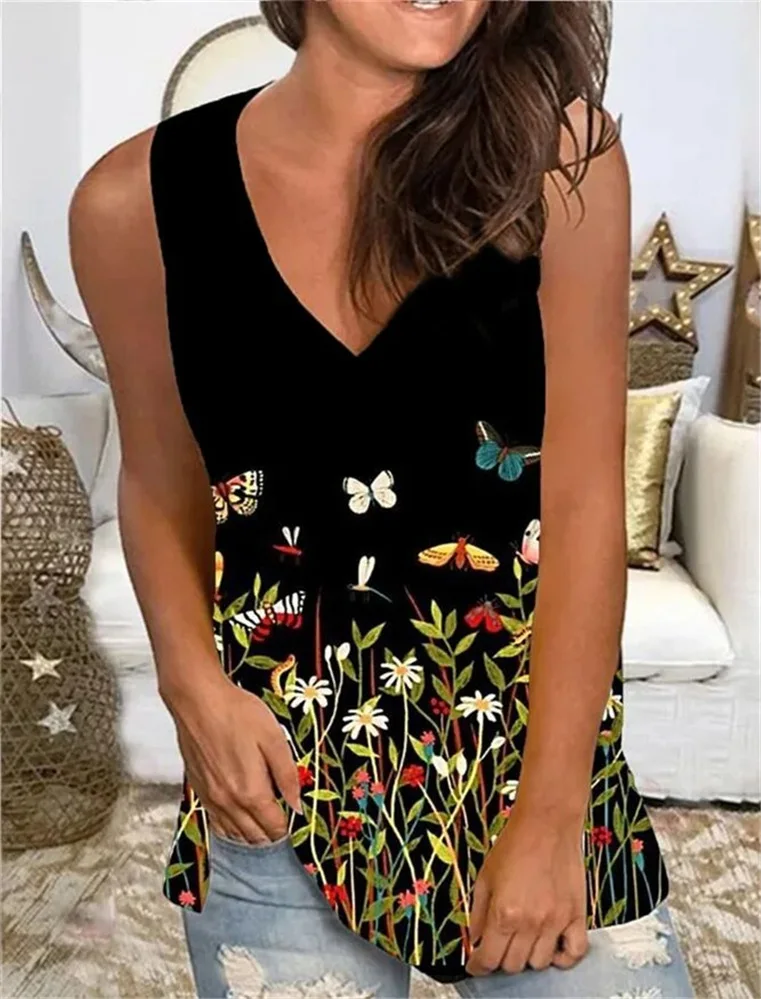 

Summer Women's V-neck Casual Printed Tank Tops Pullover Loose Sleeveless Vest