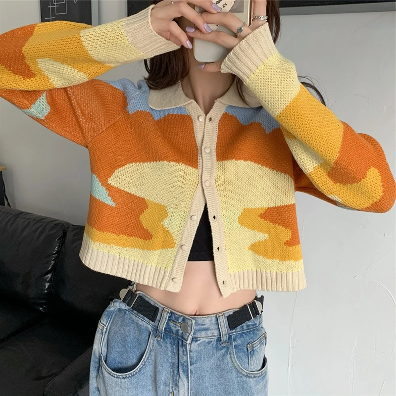 Вязаный свитер в стиле ретро с изображением заката маслом женский тонкий
