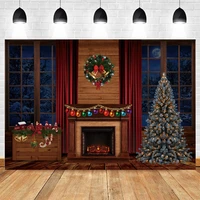 christmas backdrop tree window winter wood wall fireplace village photography background photo studio booth shoot banner decor