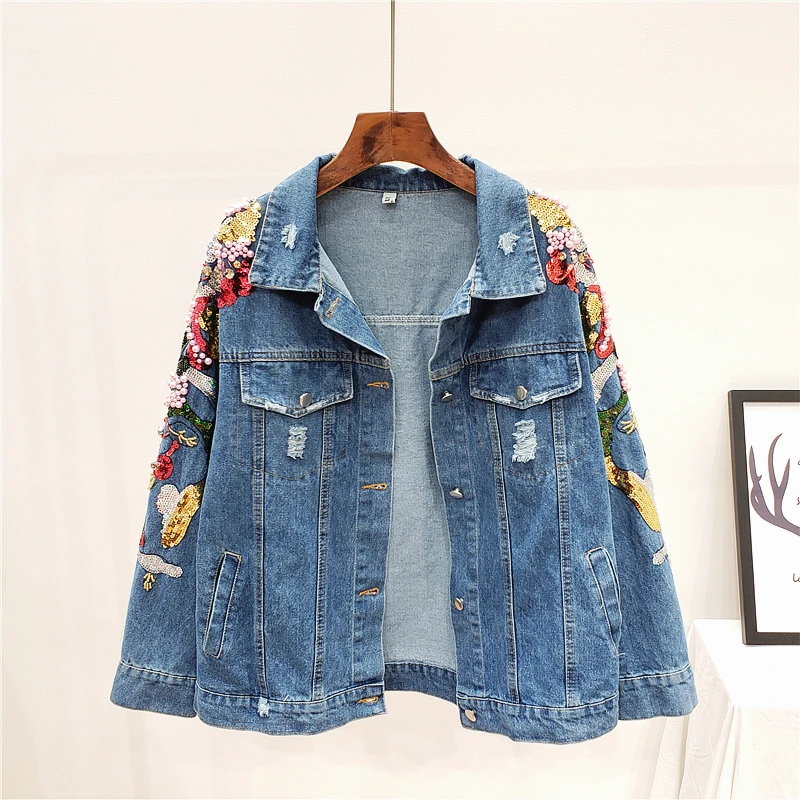 

Women Frayed Jeans Jacket Loose Sequins Flowers Long sleeve Denim Jacket Female Single Breasted Jeans Coat Outerwear Streetwear