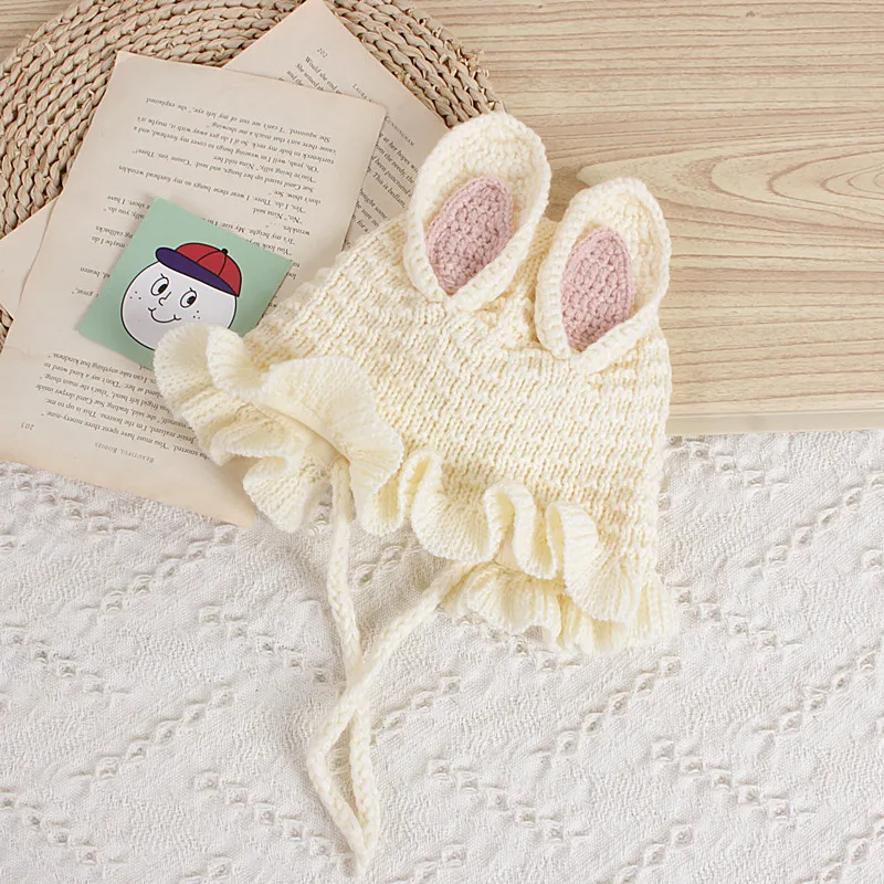 

Baby Kids Soft Cute Beanie Caps Cotton Knitted Bunny Bonnet Hats Cartoon Solid Girls Children Ruffle Beanies Caps Accessories