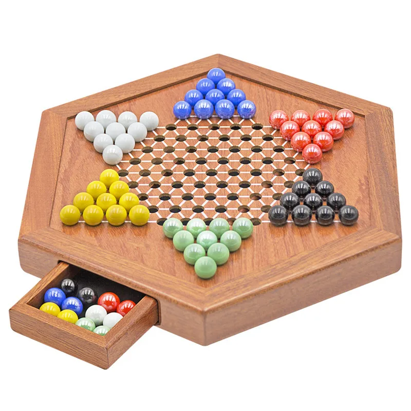 New High Quality Multicolor Glass Beads Classic Chinese Checkers Chess Set Fine Wooden Chessboard Kid Family Strategy Board Game