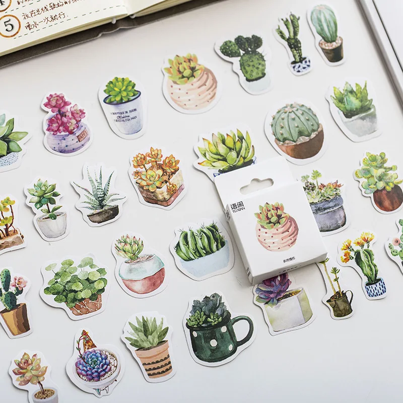

50 Pcs/pack Green Succulents Plants Decorative Adhesive Sticker Tape Kids Craft Scrapbooking Sticker Set For Diary, Album
