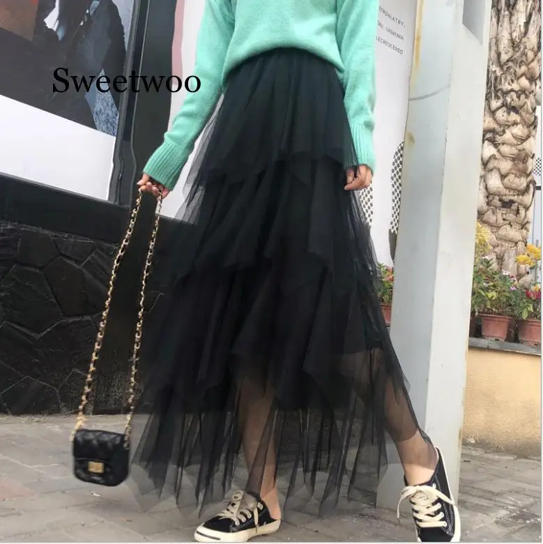 Женская Асимметричная фатиновая юбка модная эластичная сетчатая юбка-пачка с