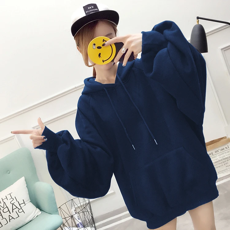 Dark blue Шикарная однотонная негабаритная толстовка женская цветочная с круглым вырезом Женская Осенняя Зимняя Повседневная свитер толстовка с длинными рукавами толстовки - Цвет: Dark blue