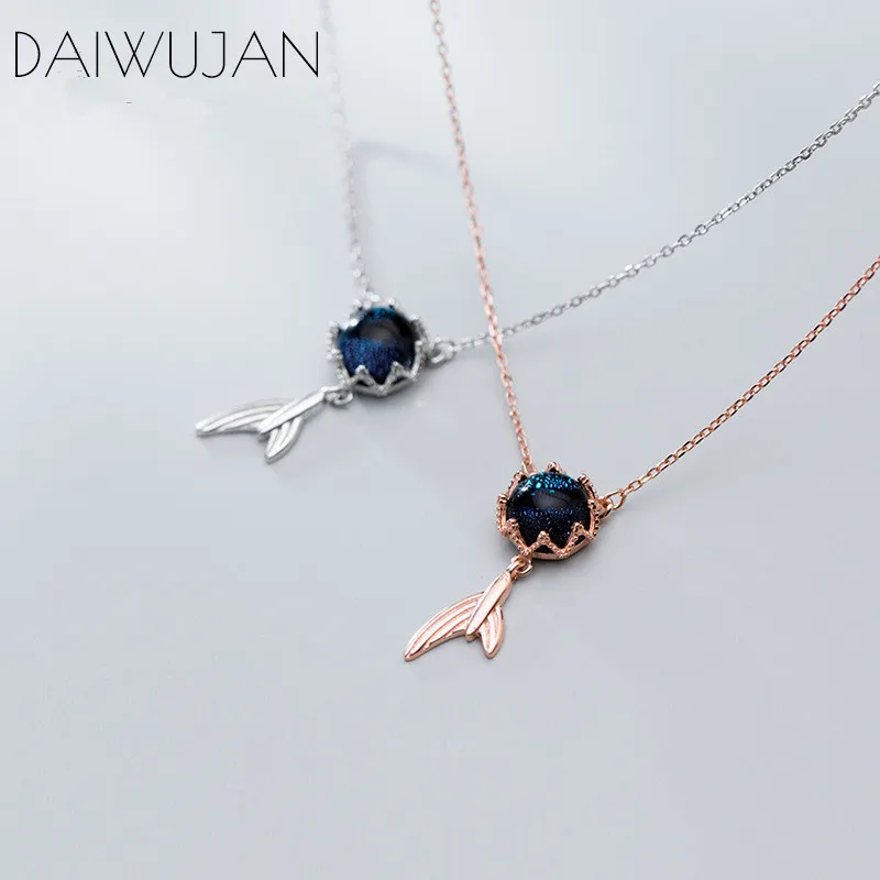 DAIWUJAN серебро 925 пробы синяя Хрустальная корона хвост русалки подвеска ожерелье