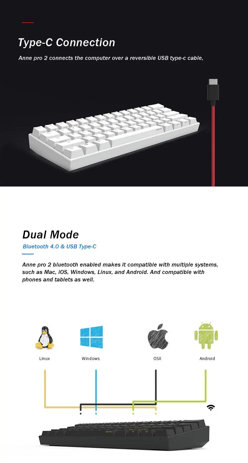 Миниатюрная Механическая игровая клавиатура Anne Pro 2 Pro2 NKRO bluetooth 5.0 Type-C RGB 60% Cherry Gateron