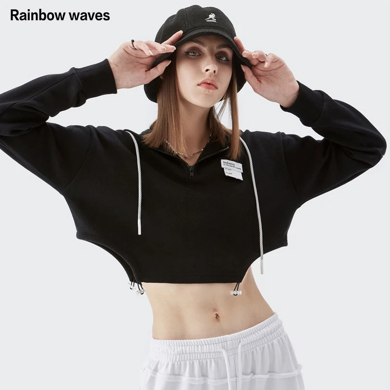 

Модные женские сексуальные винтажные укороченные толстовки Rainbowwaves в стиле Харадзюку, уличная одежда для девочек, Осенние Пуловеры с длинны...