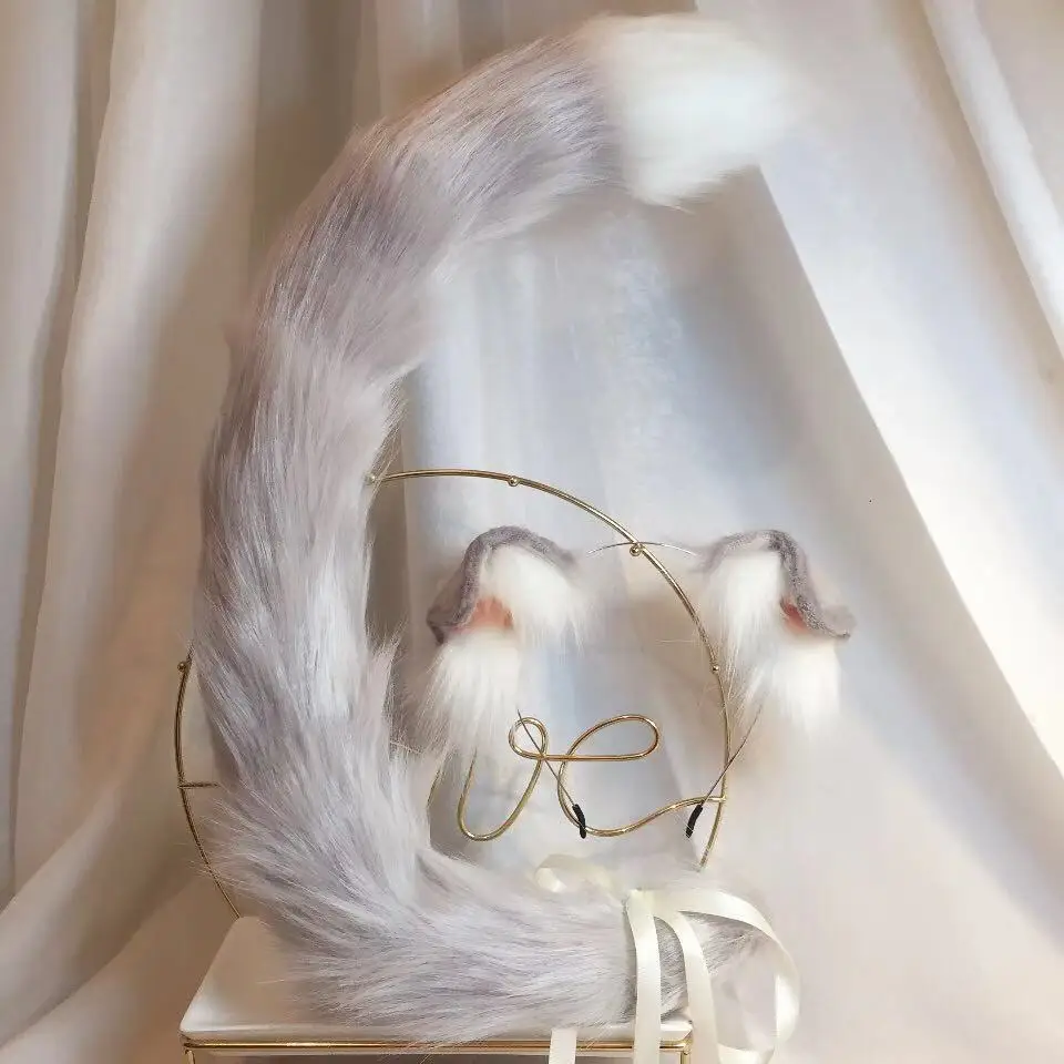 

Scottish Fold Ears Tails Cat Kitty Wolf Fox Animal Cosplay Lolita KC Headwear Gradient White Grey Long Synthetic Fur Headband