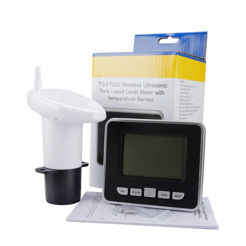 Ft002 medidor de nível de líquido, sem fio, ultrassônico, com sensor de temperatura, display de nível de água, indicador de bateria baixa