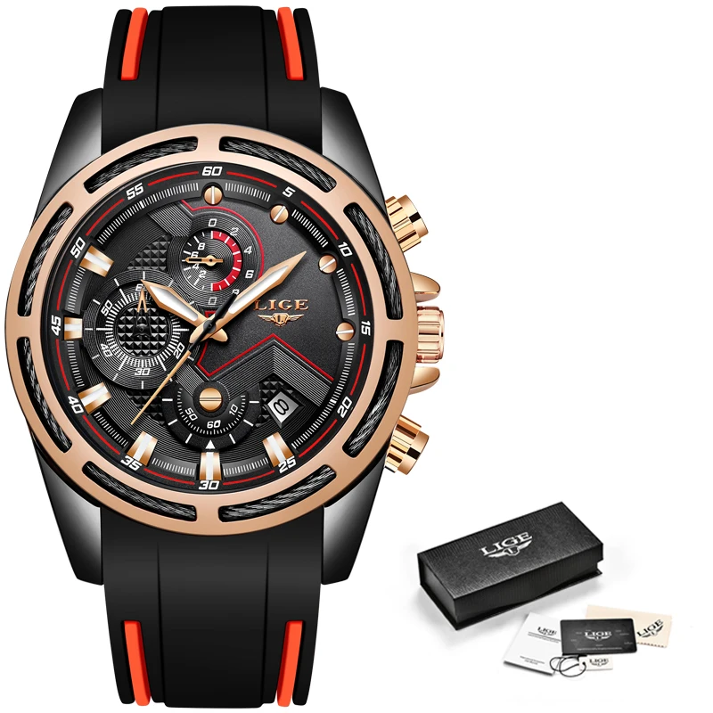 Black Rose Gold LIGE мужские s часы лучший бренд класса люкс Спортивные Хронограф Дата кварцевые часы мужские силиконовый ремешок модные водонепроницаемые часы Reloje - Цвет: Black Rose Gold