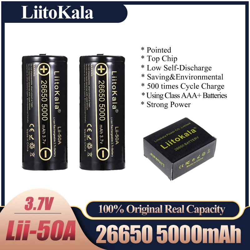 

2023 LiitoKala Lii-50A Pointed 3.7V 26650 5000mA Rechargeable batteries Discharger 26650-50A 20A Power battery for flashlight