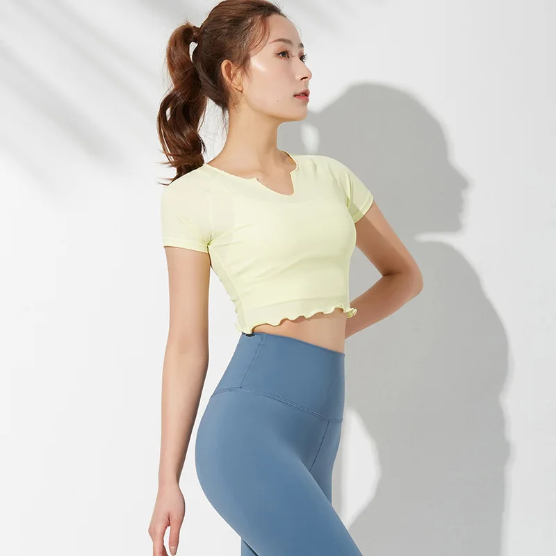 

Новинка весна-лето 2021 спортивная куртка женский тренировочный Быстросохнущий костюм для йоги тонкая дышащая футболка с коротким рукавом д...