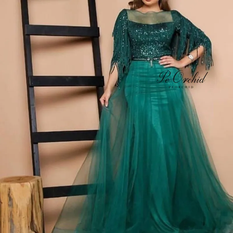 

Женское вечернее платье с полурукавами PEORCHID, изумрудно-зеленое платье с бисером и блестками, официальное платье, 2020