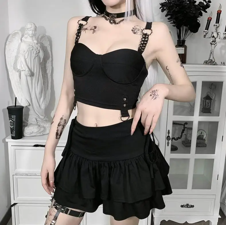 

Women Gothic Dark Sleeveless Tank Tops Vintage Sexy Solid Black Corset Camis Mall Goth Y2k Streetwear Female Backless Basic Top